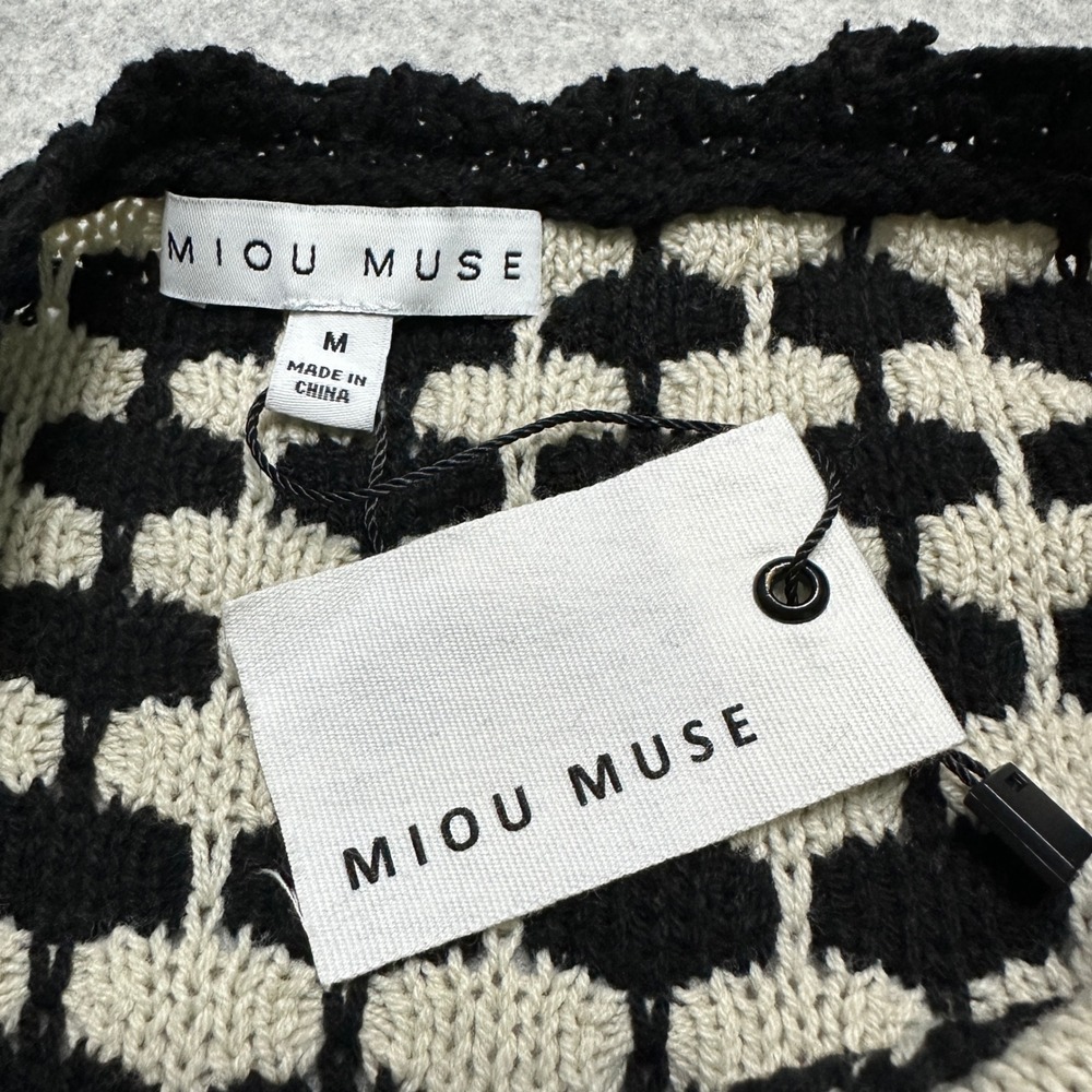 Miou Muse Crochet Knit Maxi Dress Ruffle Straps Retro Black Cream Honeycomb Boho - Picture 6 of 13